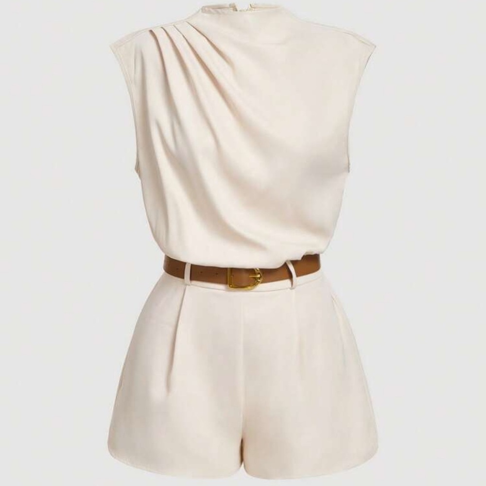 SHEIN Cream Sleeveless Romper with Brown Belt